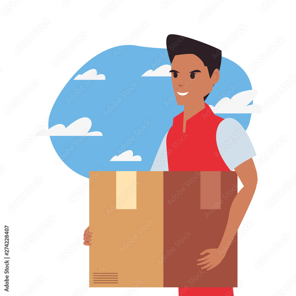 Poster man with package fast delivery logistic icon vectorillustrate