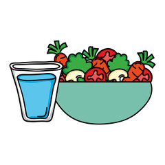 dish bowl with vegetables salad and water glass