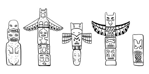 Fototapeta premium Native American traditional totem poles. Vector outline Hand drawn doodle sketch illustration set. Group of four carved wooden figures