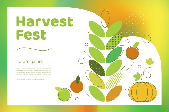 Vector illustration of Autumn harvest festival. Poster for fall fest with icons of pumpkin,apples,wheat. Design with bright gradient and geometric figures. Template for for banner, flyer, invitation.