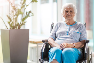 Portrait of an elderly woman sitting in her wheelchair