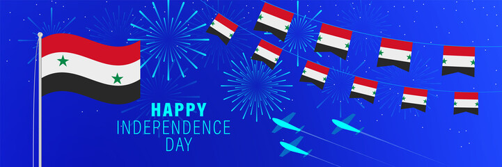April 17 Syria Independence Day greeting card. Celebration background with fireworks, flags, flagpole and text.