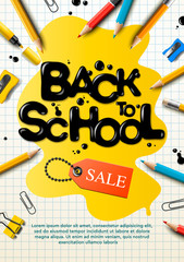 Back to school sale poster and banner with colorful pencils and elements for retail marketing promotion and education related. Vector illustration.