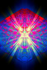 Multicolored rays of light shine through the facets of the crystal