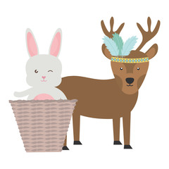 reindeer and rabbit with feathers hat and basket bohemian style