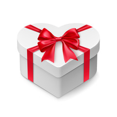 Closed cardboard box mockup in love heart shape with bright red ribbon bow. Realistic container for chocolate candies isolated vector illustration. Valentines day gift packaging with silk decoration.
