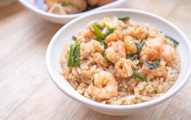 Braised shrimp over rice - Taiwan famous traditional street food. Soy-stewed prawn on cooked rice. Travel concept, top view, copy space, close up