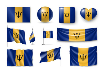 Various flags of Barbados independent country set isolated on white background. Realistic waving flag on pole, table flag and different shapes badges. Patriotic caribbean island vector illustration