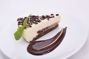 piece of appetizing cheesecake with chocolate chips on a white plate isolated on a light background