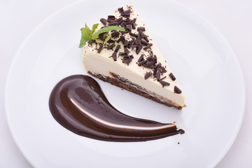 piece of appetizing cheesecake with chocolate chips on a white plate isolated on a light background