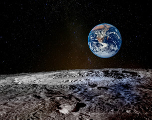 Earth rises above lunar horizon. Elements of this image furnished by NASA.