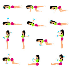 Set beautiful of young girls doing exercises in the gym. Fit womens doing exercises for stomach tightening  with weights. Full of color flat vector illustration.