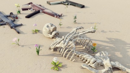 Human skeleton and guns 3d rendering