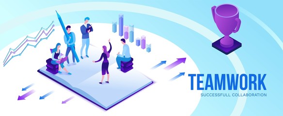 Teamwork 3d isometric illustration, employee win trophy, infographic hero leadership concept, business people in collaboration, successful person win cup, horizontal banner, website layout, ui