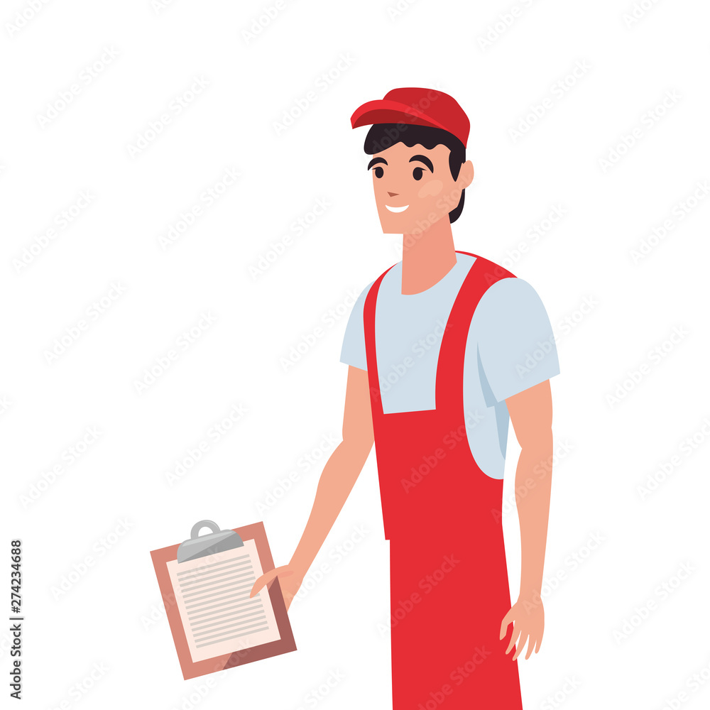 Poster man with clipboard fast delivery logistic icon vector ilustrate