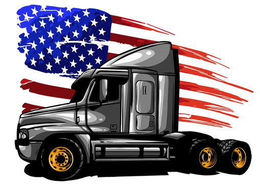 vector graphic design illustration of an American truck with stars and stripes flag
