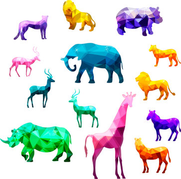 animals pattern, vector, art, color,  crystal,  contour, silhouette, animals, set, isolated, clip art, picture, style design, decor, elephant, lion, lioness, cheetah, zebra, antelope, rhinoceros 