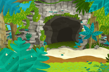 Cartoon background - cave in the jungle - illustration for the children