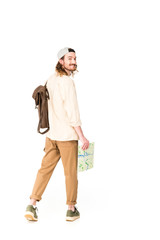 young man holding map, looking at camera and smiling isolated on white