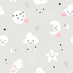 Seamless pattern with cute moon, stars, clouds. Perfect for baby background, kids room wallpaper, baby shower card, fabric and wear. Nursery vector illustration. © Colorlife