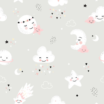 Seamless Pattern With Cute Moon, Stars, Clouds. Perfect For Baby Background, Kids Room Wallpaper, Baby Shower Card, Fabric And Wear. Nursery Vector Illustration.