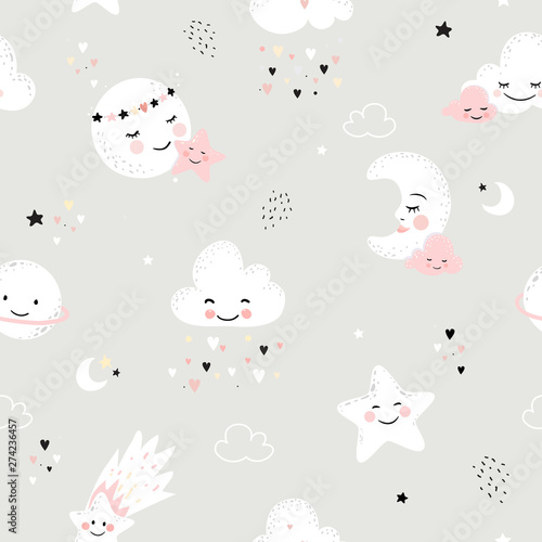 Seamless Pattern With Cute Moon Stars Clouds Perfect For Baby Background Kids Room Wallpaper Baby Shower Card Fabric And Wear Nursery Vector Illustration Wall Mural Colorlife