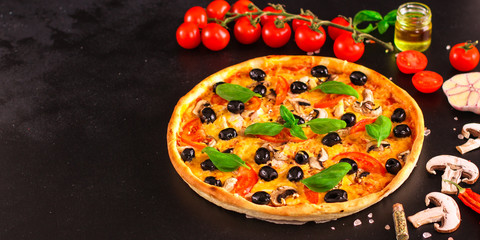 pizza, mushrooms, olives, chicken, tomato sauce, cheese (pizza ingredients). hot pizza. Top view. copy space