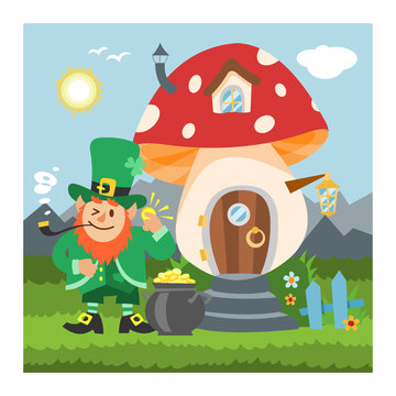 Fantasy gnome mushroom house vector cartoon fairy treehouse and magic housing village illustration set of kids gnome fairytale pumpkin or stone playhouse for gnome background