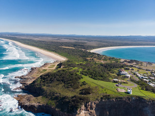 Fototapeta na wymiar Drone picture of two huge beach and the forest with small city