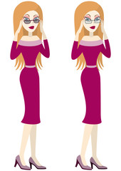 Pretty girl is choosing glasses/ Illustration cartoon woman in glasses. Two variations