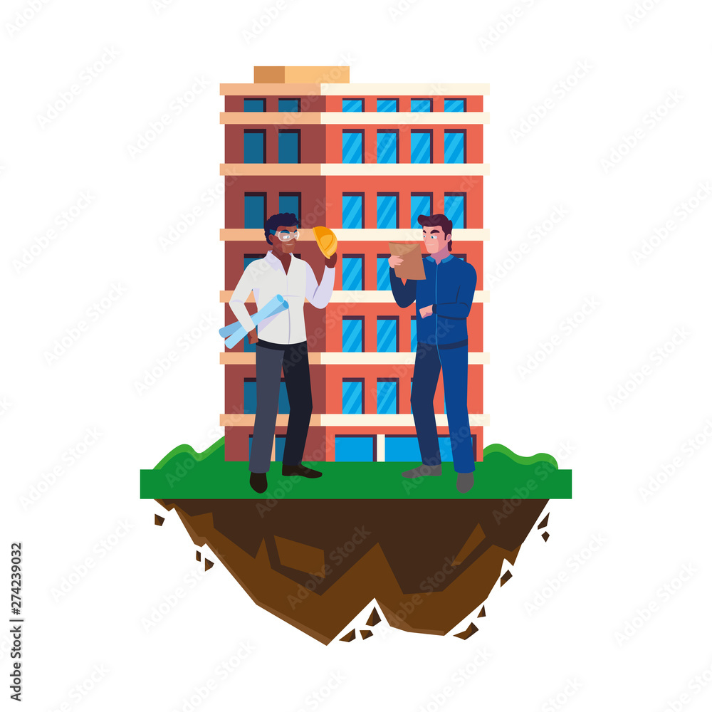 Poster interracial male builders constructors with building