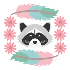cute raccoon with feathers and flower frame bohemian style