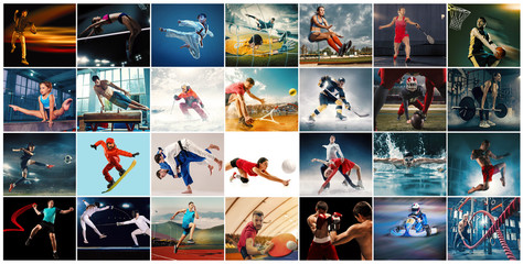 Fototapeta Creative collage made of photos of 29 models. Tennis, running, badminton, swimming, basketball, handball, volleyball, american football, rugby players, snowboarding, tennis, hockey in motion. obraz