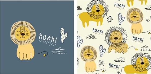 set of cute lion print and seamless pattern with lions. vector © neapol