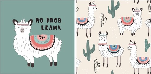 Fototapeta na wymiar set of cute llama print and seamless pattern with llamas. vector