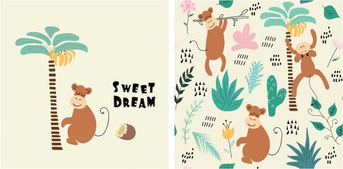 set of monkey print and seamless pattern with monkeys.vector © neapol