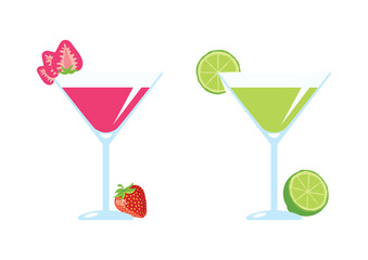 Fruit Alcoholic Cocktails Drinks vector. Lemon and Strawberry Daiquiri vector. Set of alcoholic cocktails isolated on a white background. Fruits fresh cocktail icon set. Summer drink vector