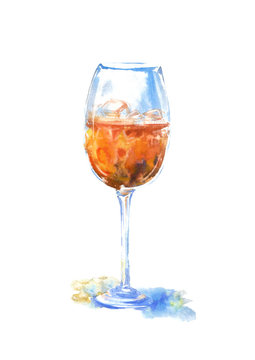 Glass of a whiskey and ice .Picture of a alcoholic drink.Watercolor hand drawn illustration.White background.
