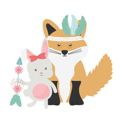 cute fox and rabbit with feathers hat and arrow bohemian