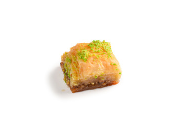 Pistachio baklava on a white background. Dessert.
