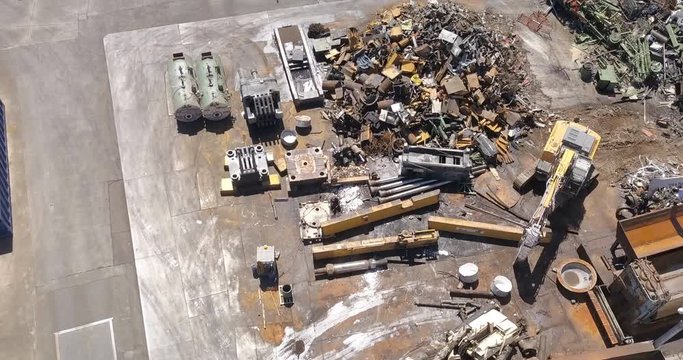 Aerial view of metal waste. Recycling industry. Separation of ferrous metals.