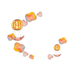 Hand drawn Watercolor template with air balloons and clouds