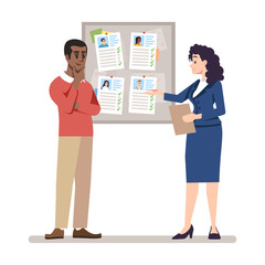 HR managers choosing vacancy candidate resume flat vector illustration. Employers searching workers cartoon characters isolated on white background. Employment service. Recruiters looking for staff