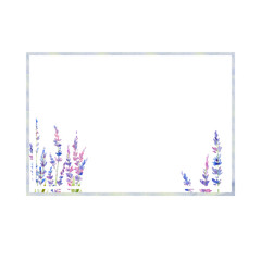 Watercolor lavender frame of flowers. floral provencal style design . Hand drawn field flowers