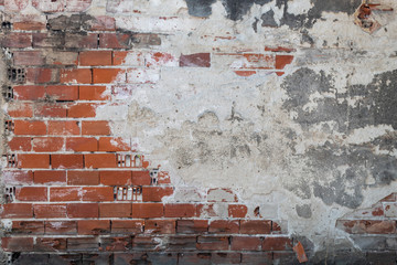 Old Weathered Concrete Decay Wall Texture With Red Bricks Visible