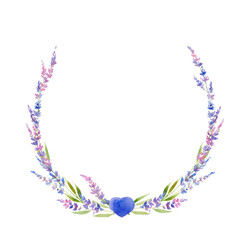 Watercolor lavender wreath of flowers, circle. floral provencal style design . Hand drawn isolated on white background.