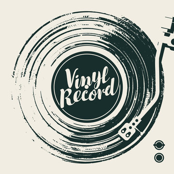 Vector music poster with old vinyl record, record player and calligraphic lettering in retro style. Music collection