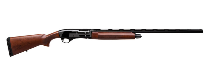 semi-automatic shotgun with a wooden butt and forearm on black background