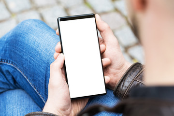  Man using mobile smart phone, close up.