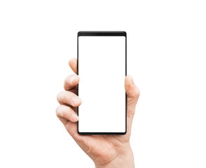 Man`s hand holding mobile smart phone with blank screen.
